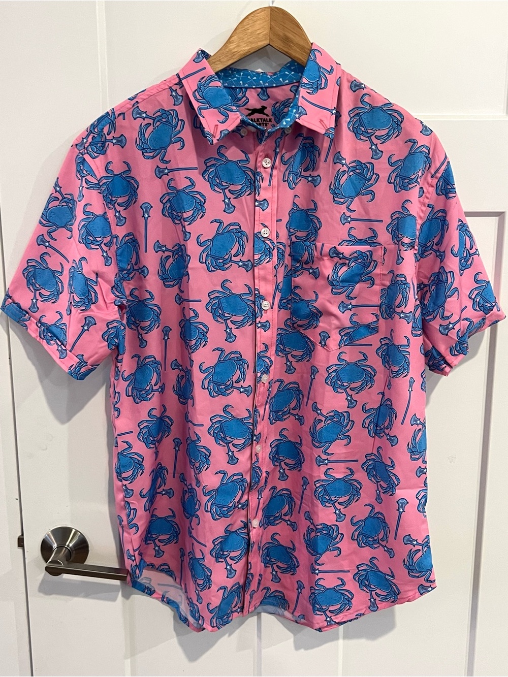 Men's chalktalk sports LX Short-Sleeve Button-Up Shirt  Blue Crab & lacrosse L